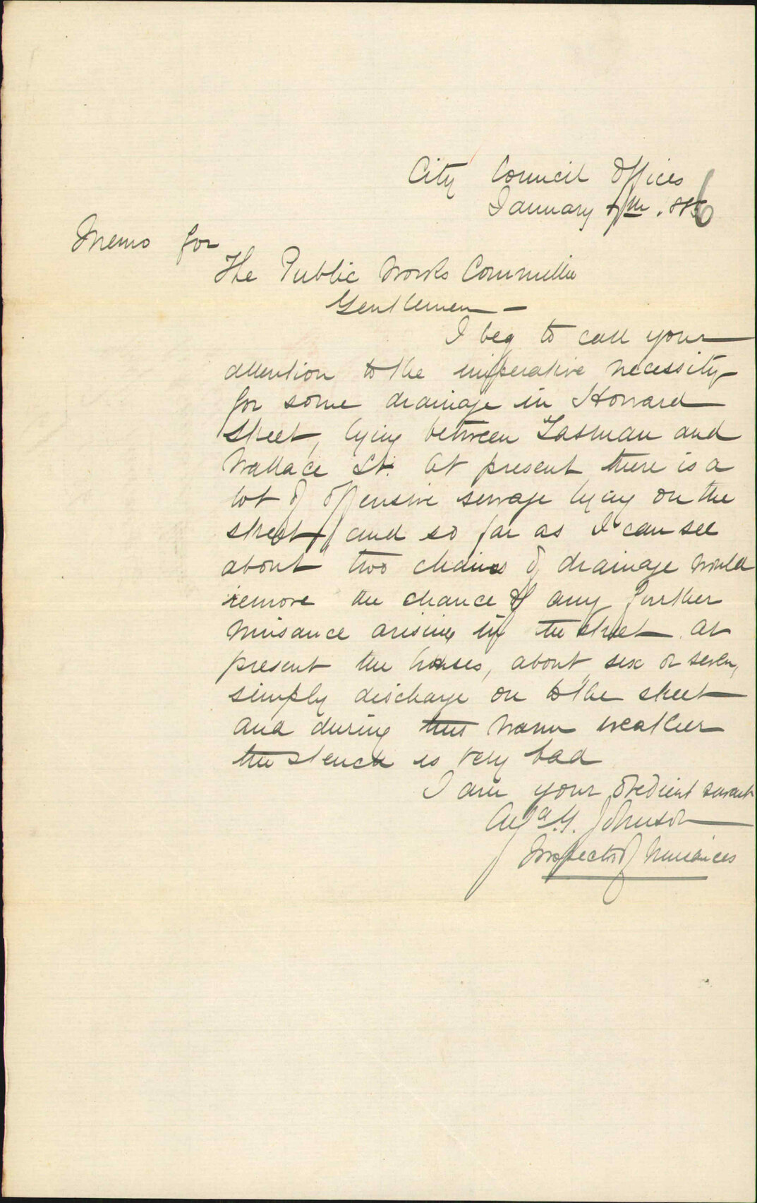 Drainage at Howard Street, between Tasman and Wallace Streets - Inspector of Nuisances