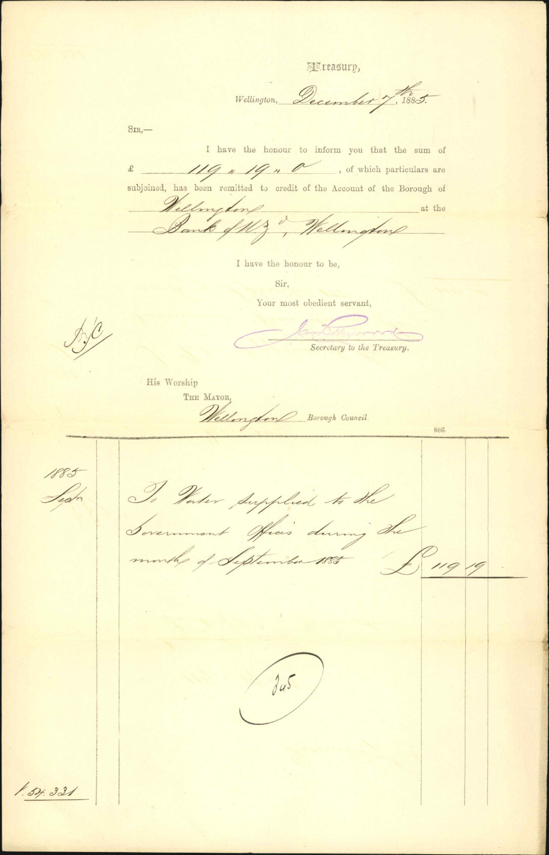 Advising payment of water account - Treasury