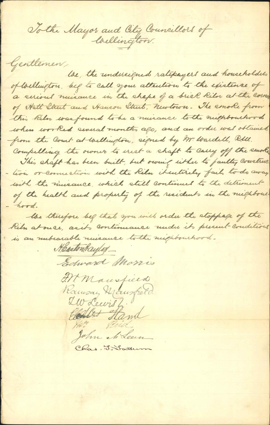 Petition regarding brick kiln at Hanson Street - H E Taylor and others