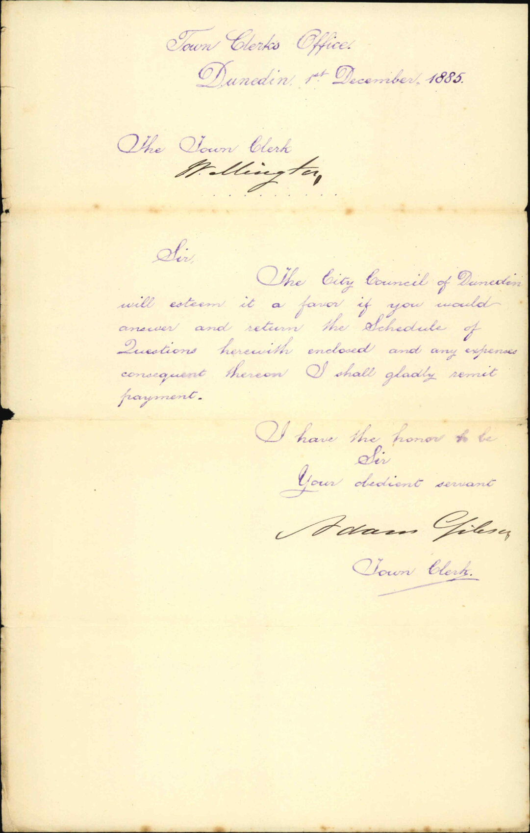 Disposal of Night Soil - Town Clerk Dunedin
