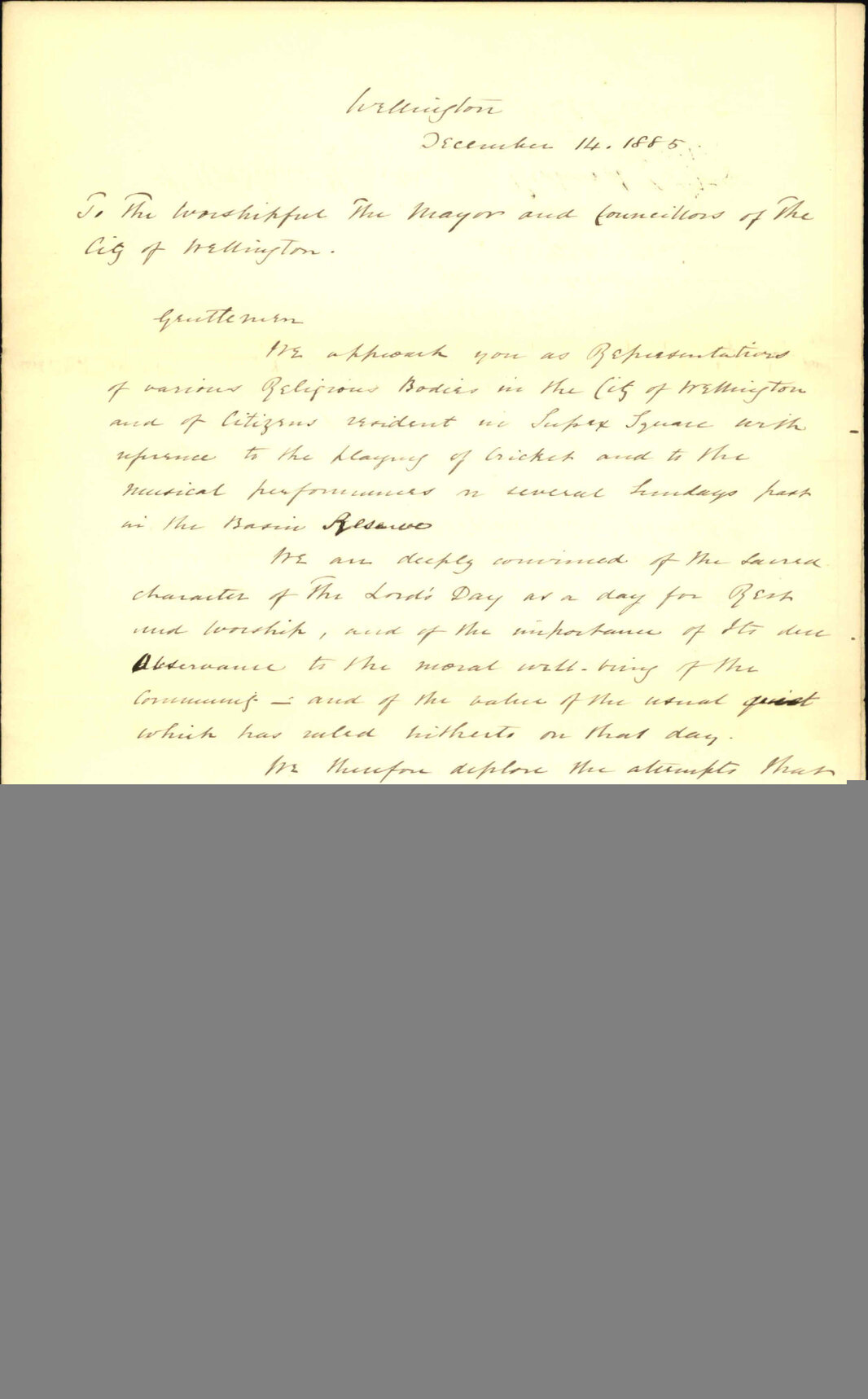Petition regarding cricket and musical performances on the basin reserve on Sundays - Wellington Clergymen