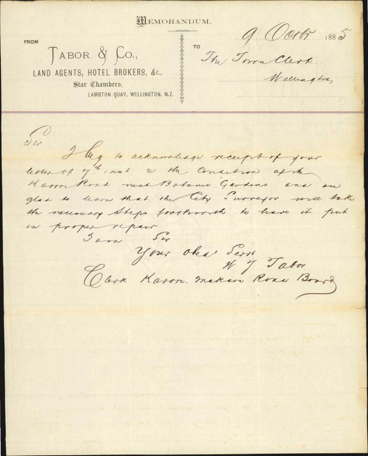 Acknowledgement of letter dated 7th inst - Karori Makara Road Board