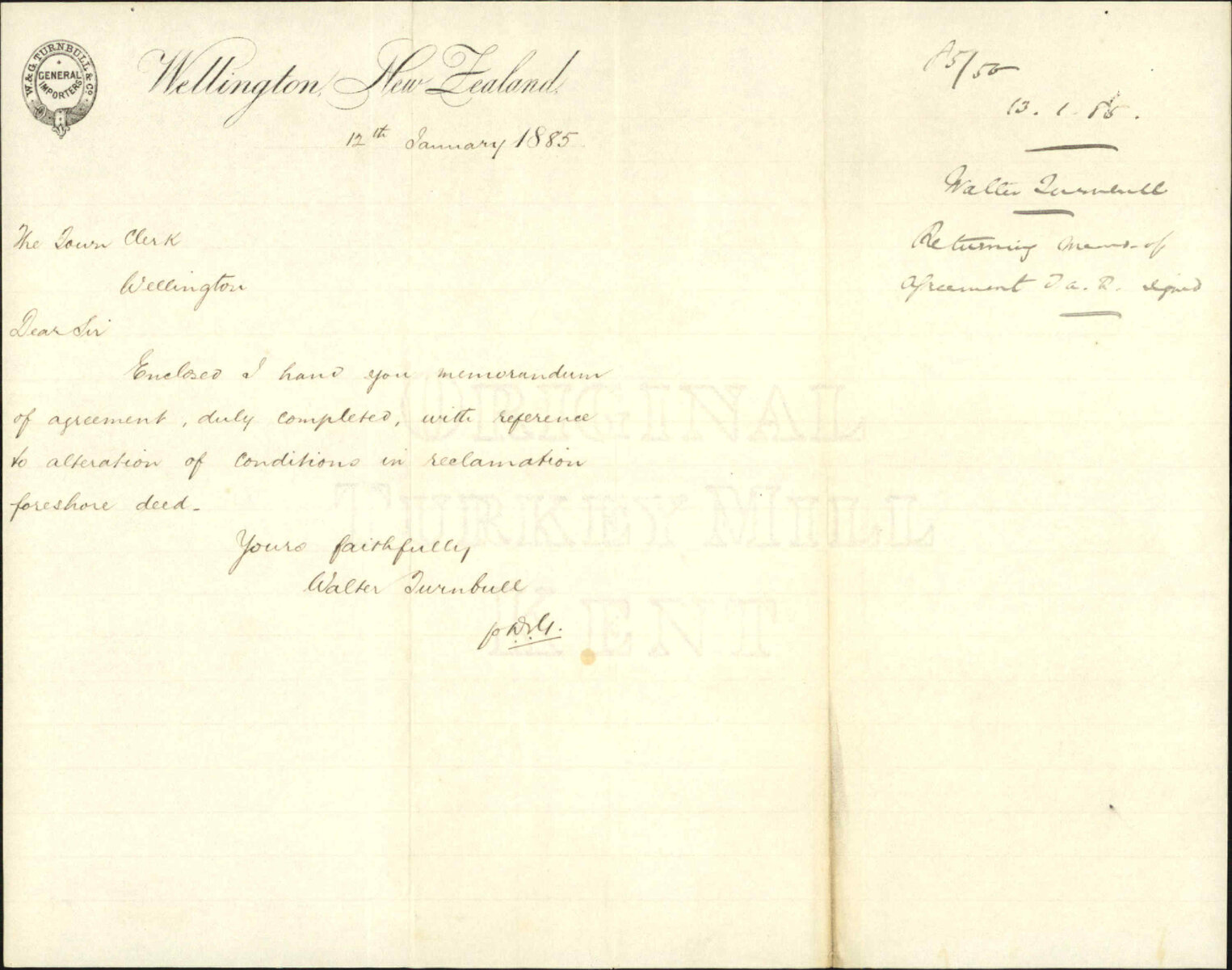 Walter Turnbull Re Enclosing memorandum of agreement referring to alteration of conditions in reclamation foreshore deed