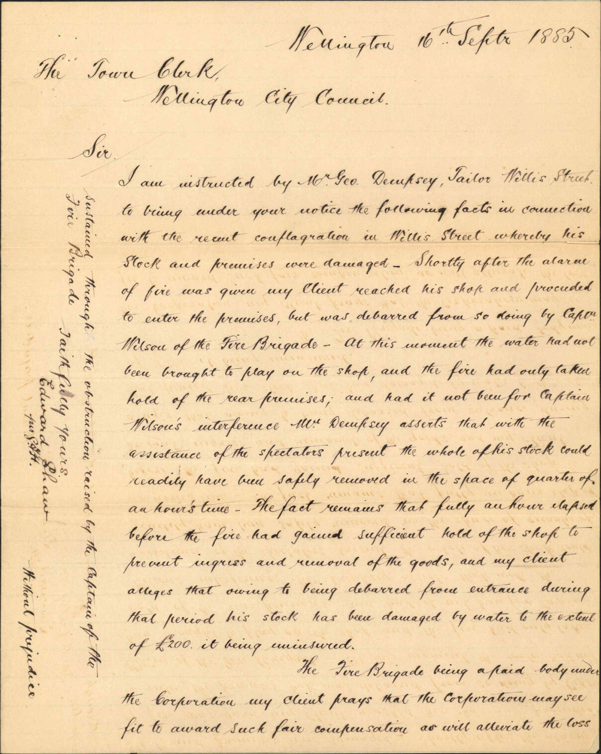 Edward Shaw re Fire in Willis Street (Mr Geo Demskey, Tailor)