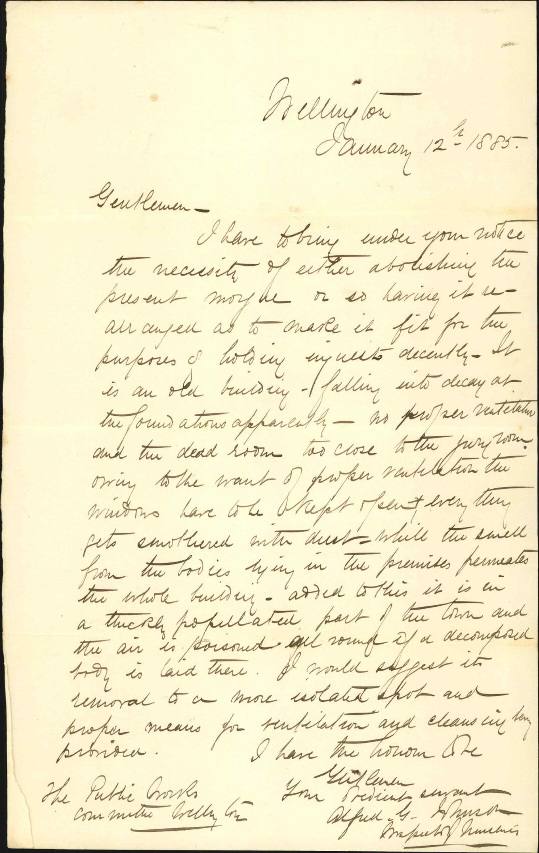 Report to Public Works Committee re public morgue, Alfred Johnson (Inspector of Nuisances)