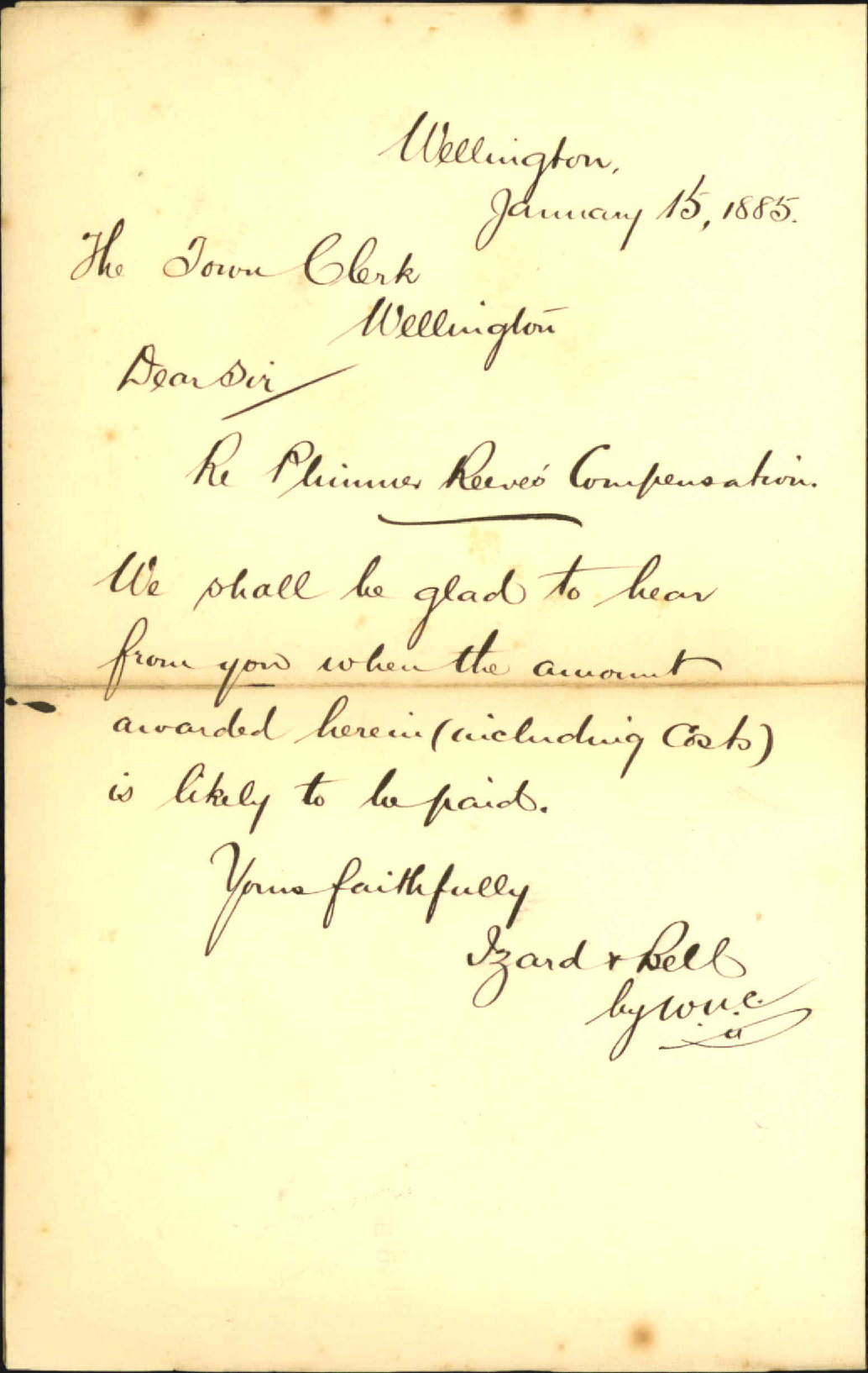 Plimmer, Reeves &amp; Co compensation - Izard and Bell