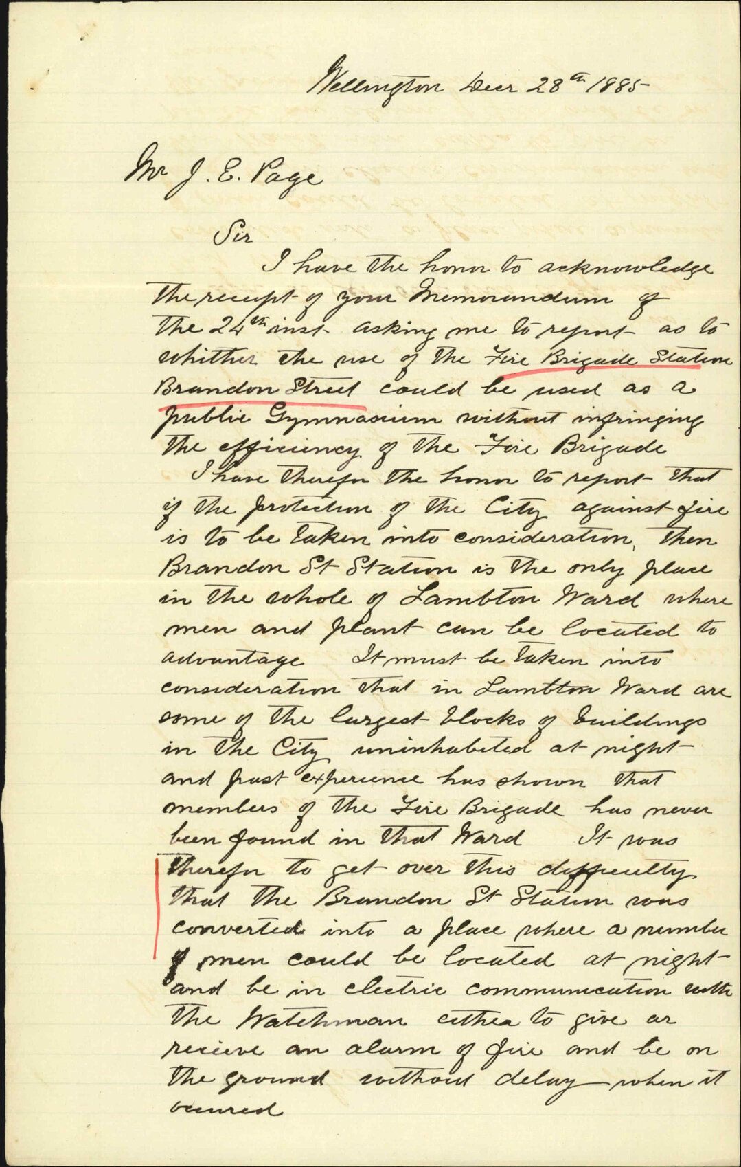 Municipal Fire Brigade Superintendent, Report re Fire Brigade Station, Brandon Street, possible use as Gym
