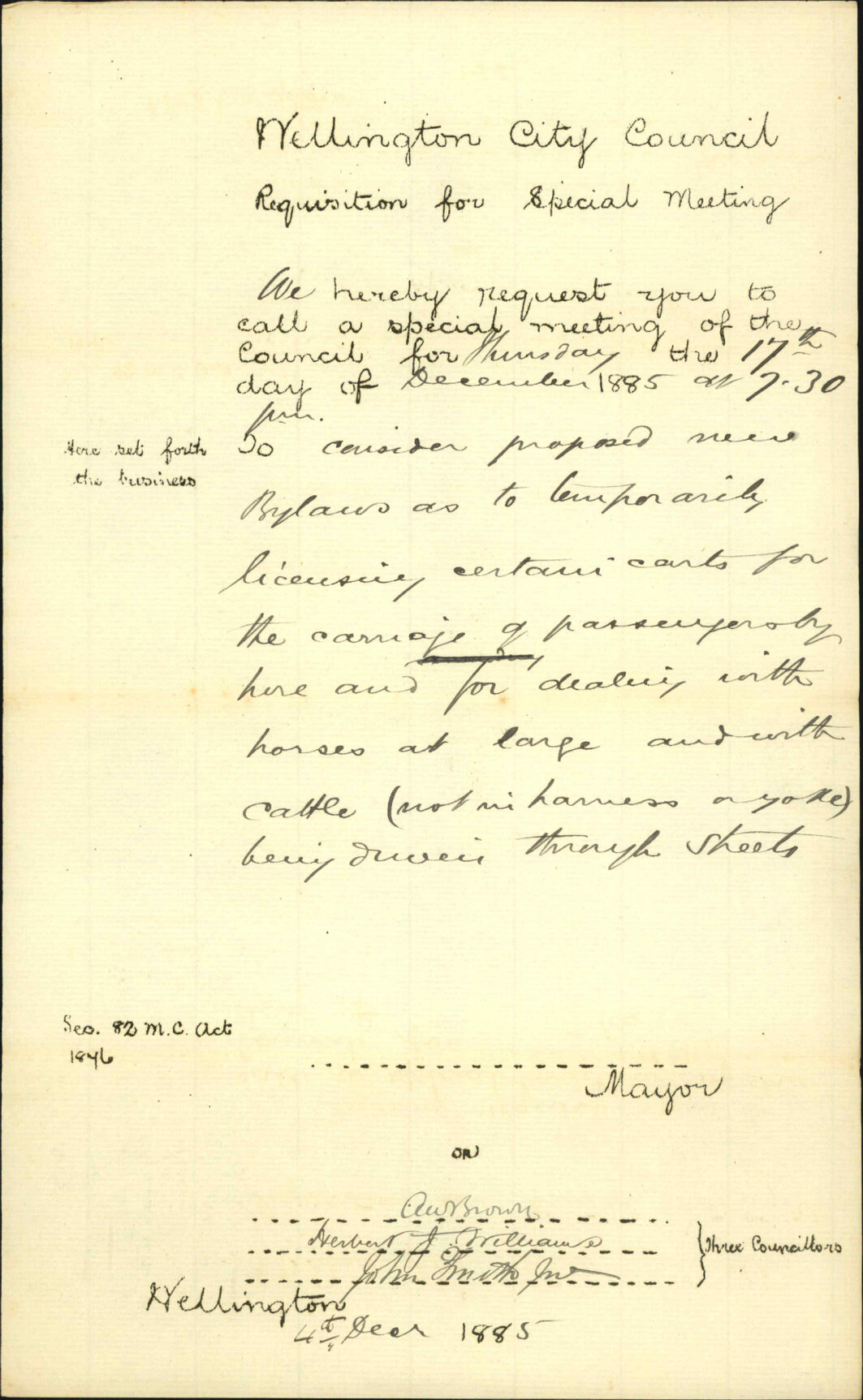 Requisition for special meeting on the 17th - Three Councillors [Brown, Williams and Smith]