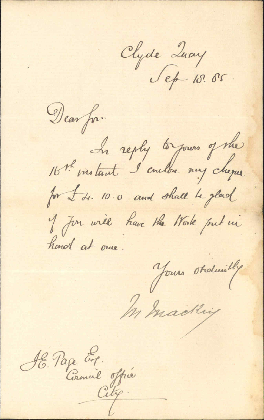 Enclosing cheque for crossing - W Mackey