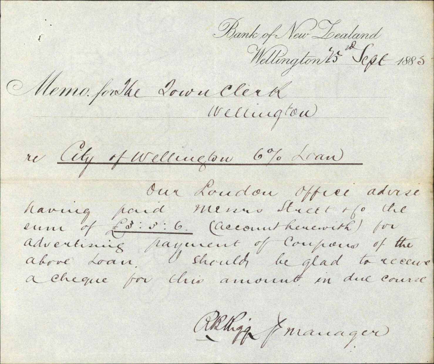 Asking cheque for London advertising - Bank of New Zealand