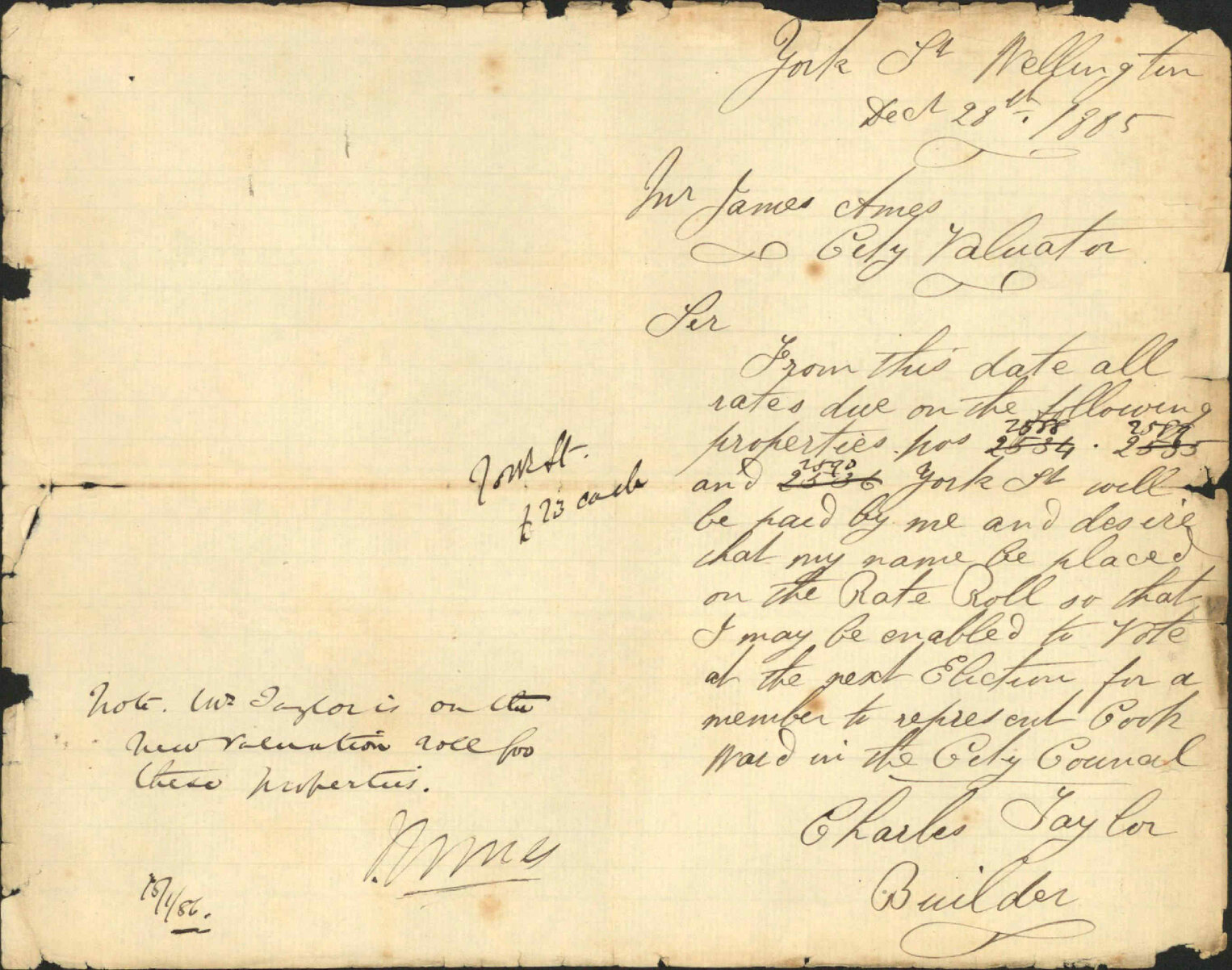 Application to be placed on the Burgess Roll - Charles Taylor