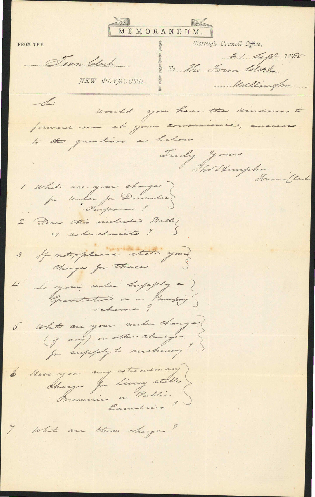 Enquiries as to water supply - Town Clerk New Plymouth