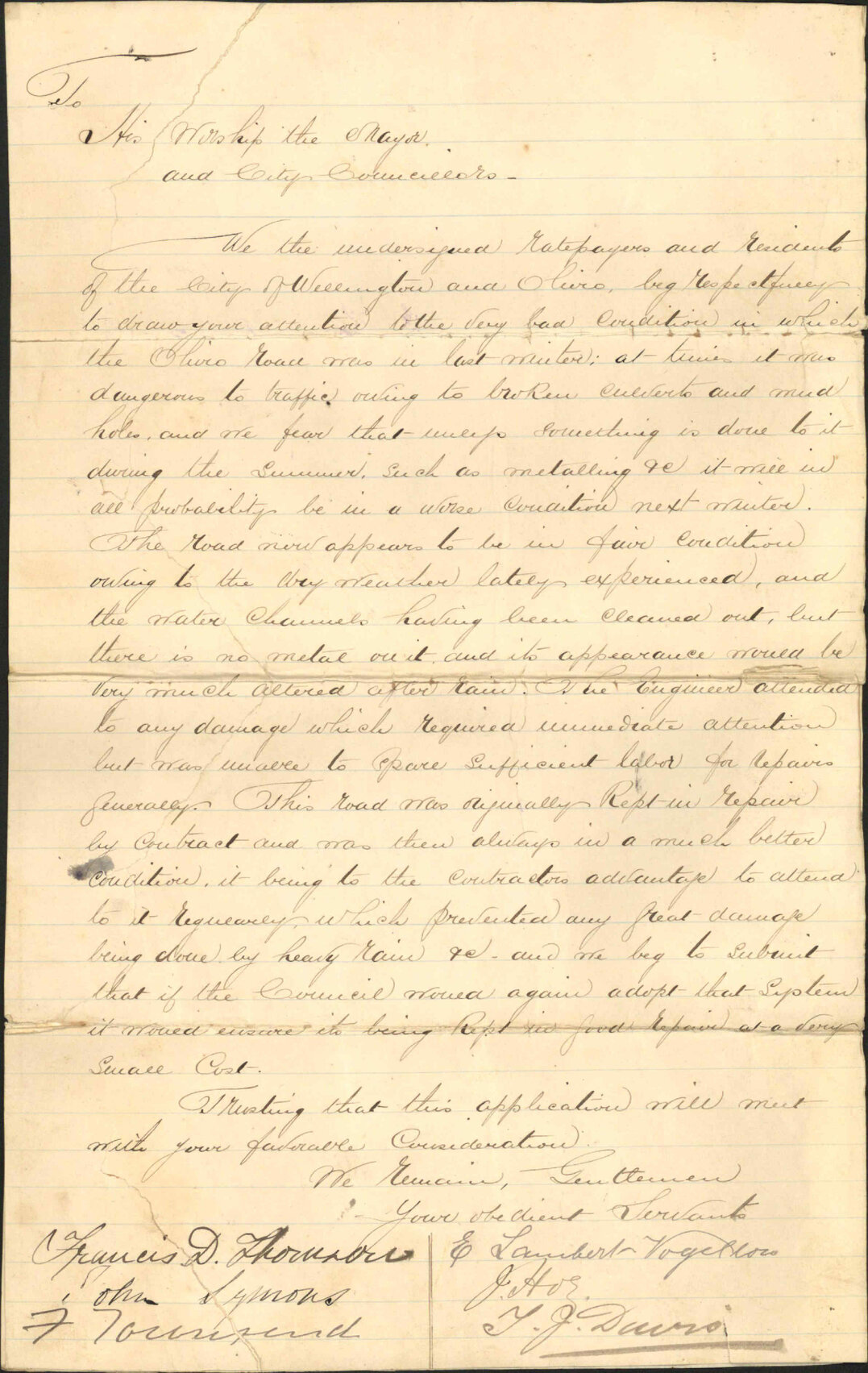 Petition regarding condition of Ohiro Road = Francis D Thompson and others