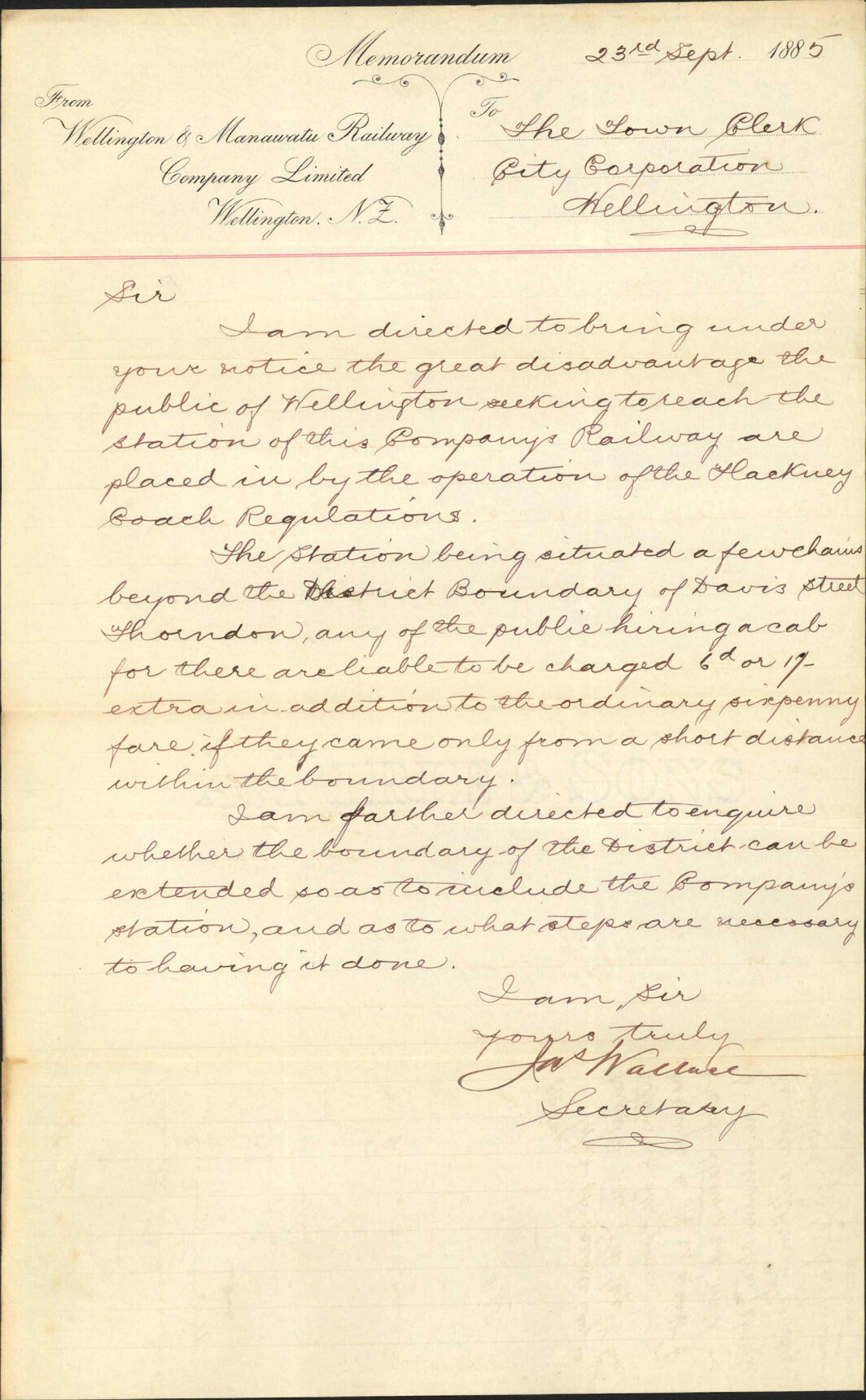 Cab fares - Wellington and Manawatu Railway Company
