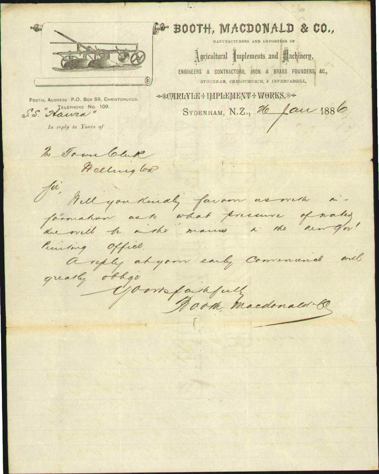 Enquiry as to pressure of water - Booth, MacDonald and Co