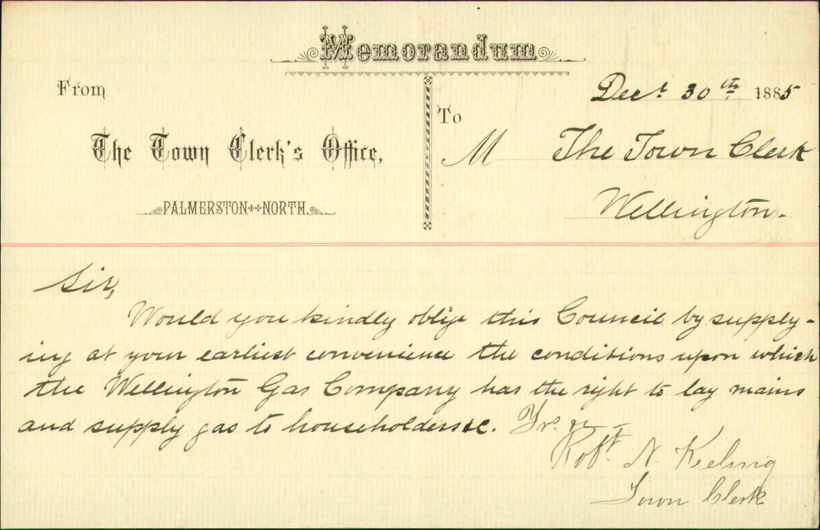 Asking information as to laying gas mains - Town Clerk Palmerston North