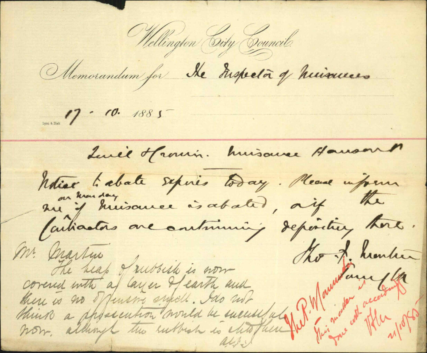 Quill and Cronins nuisance, Hanson Street - Inspector of Nuisances