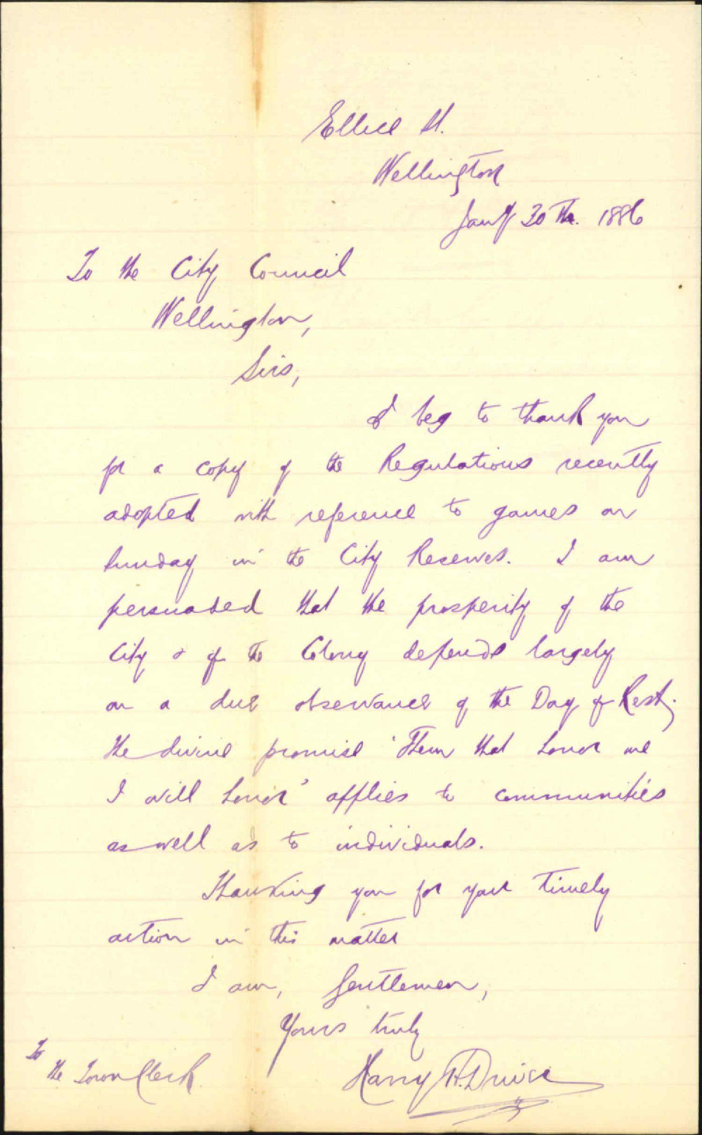 Thanks for copy of regulations regarding city reserves - Rev H H Dixon