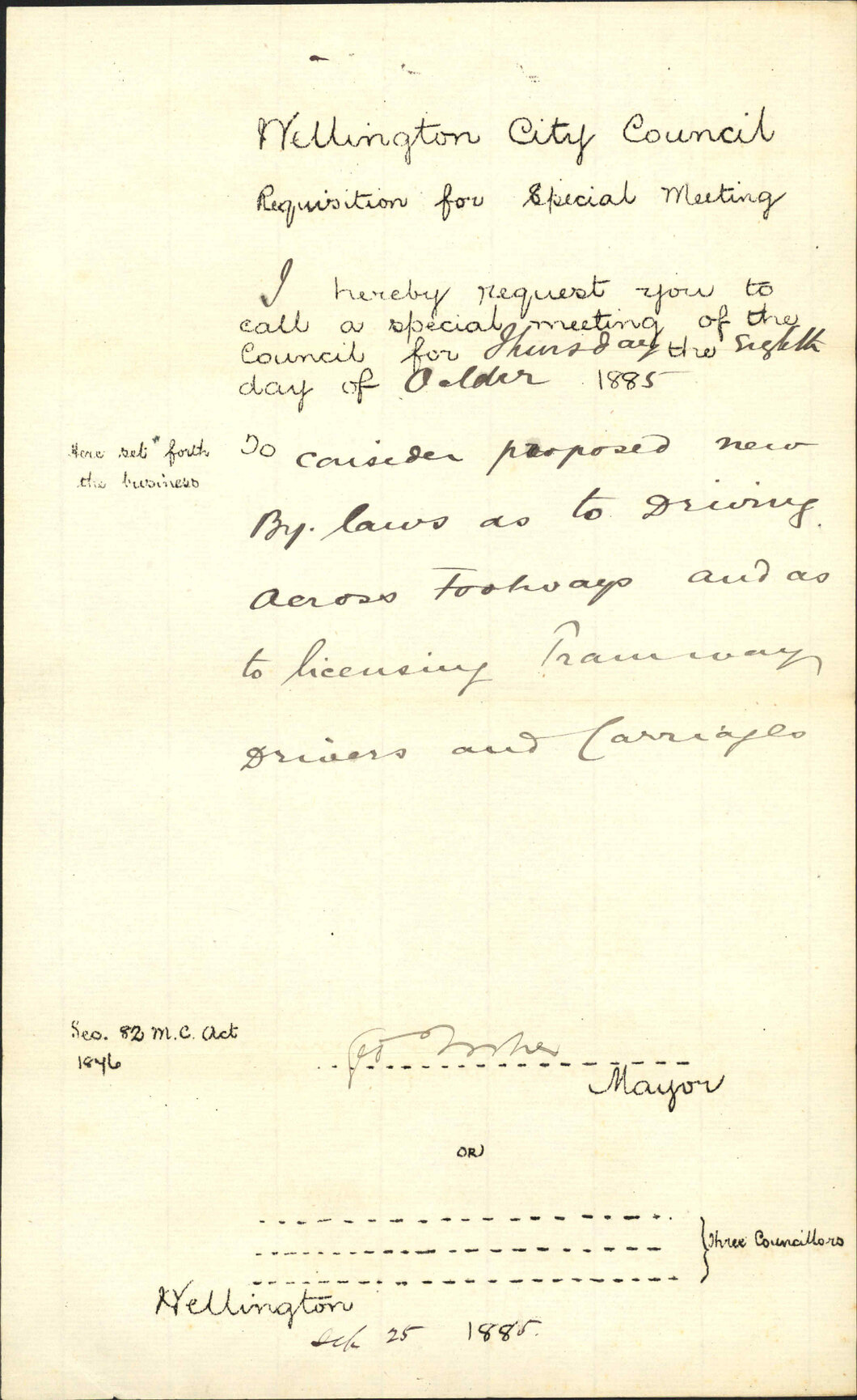 Requisition for special meeting regarding bylaws - Mayor of Wellington