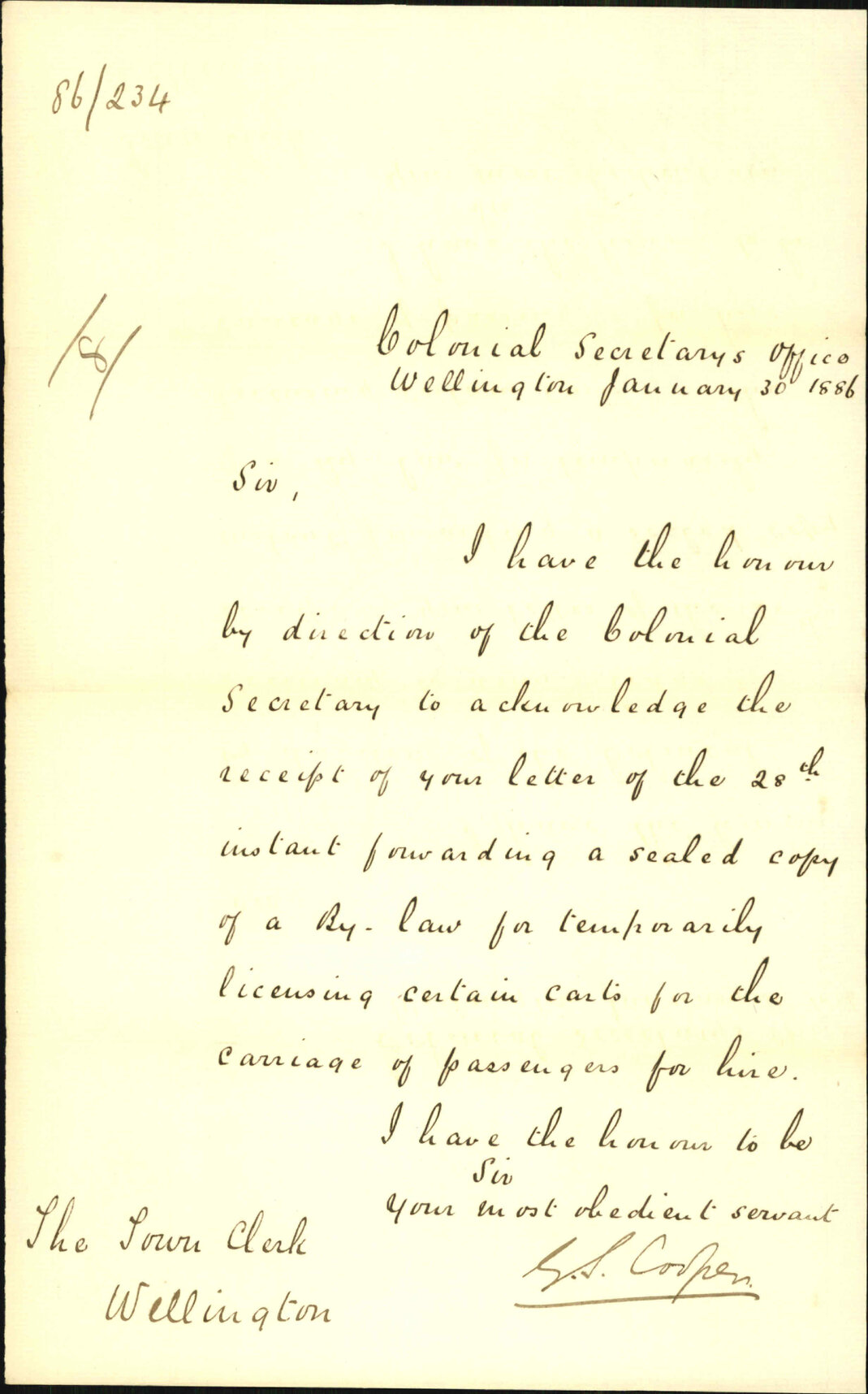 Acknowledging receipt of bylaws - Colonial Secretary