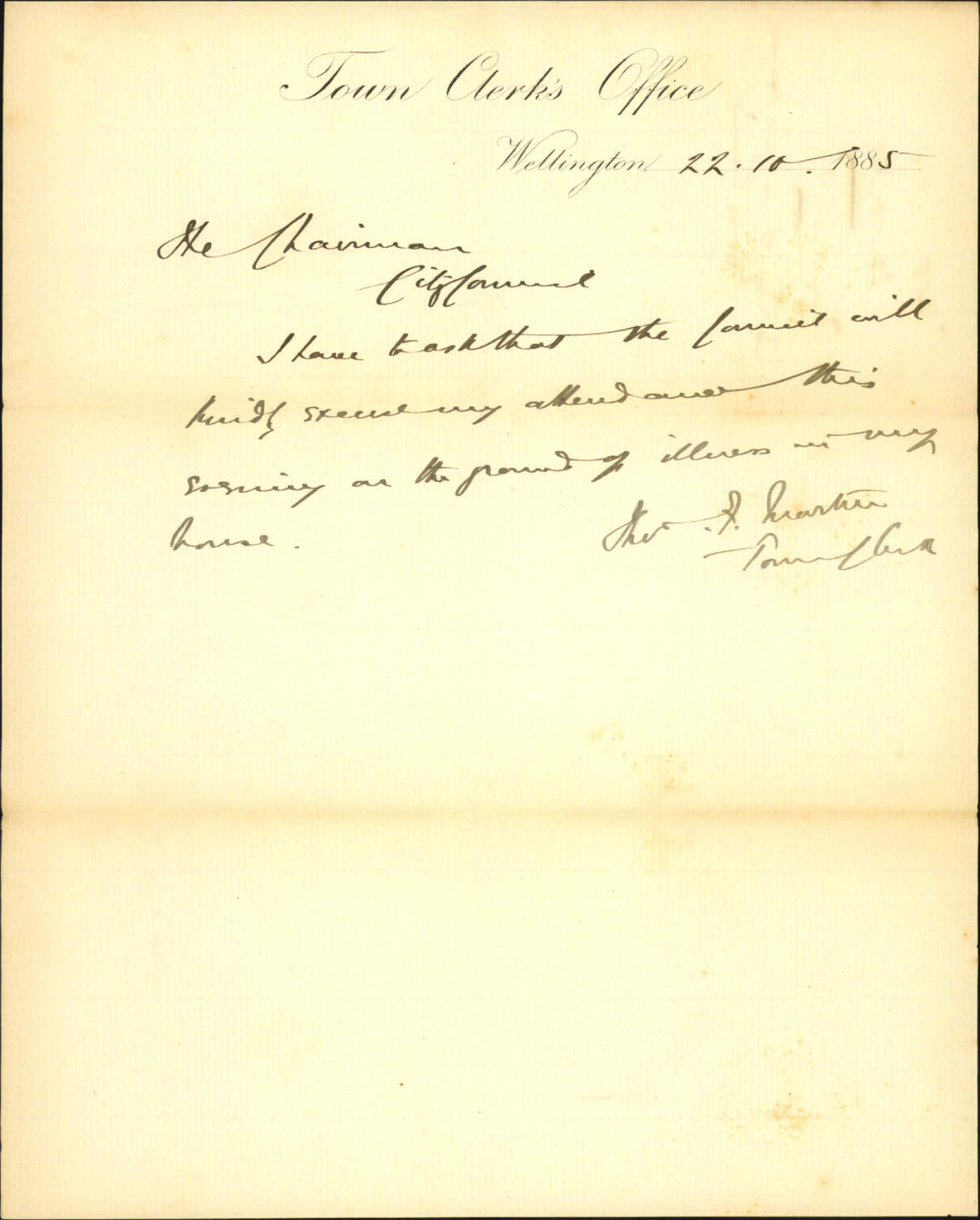 Asking leave of absence for the evening - Town Clerk