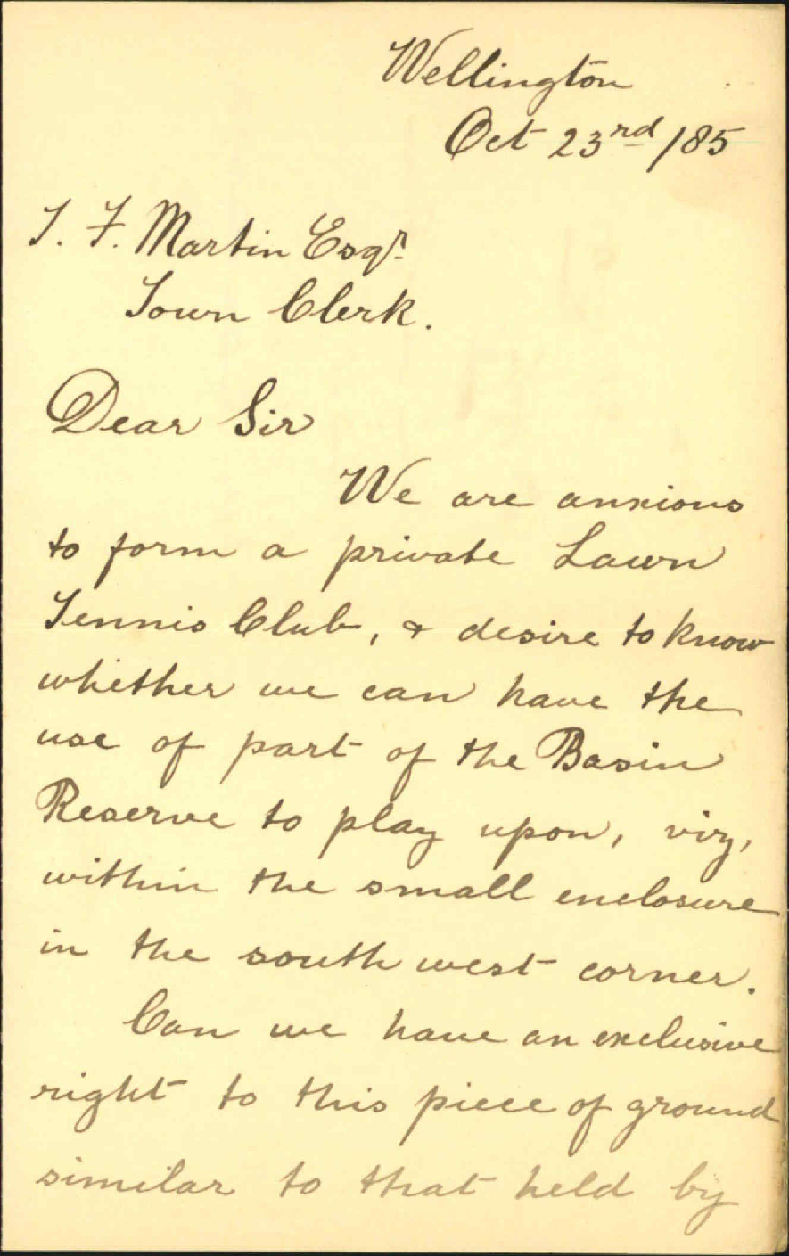 Asking use of Tennis Ground at Basin Reserve - Arthur Hoby and Arthur Perry