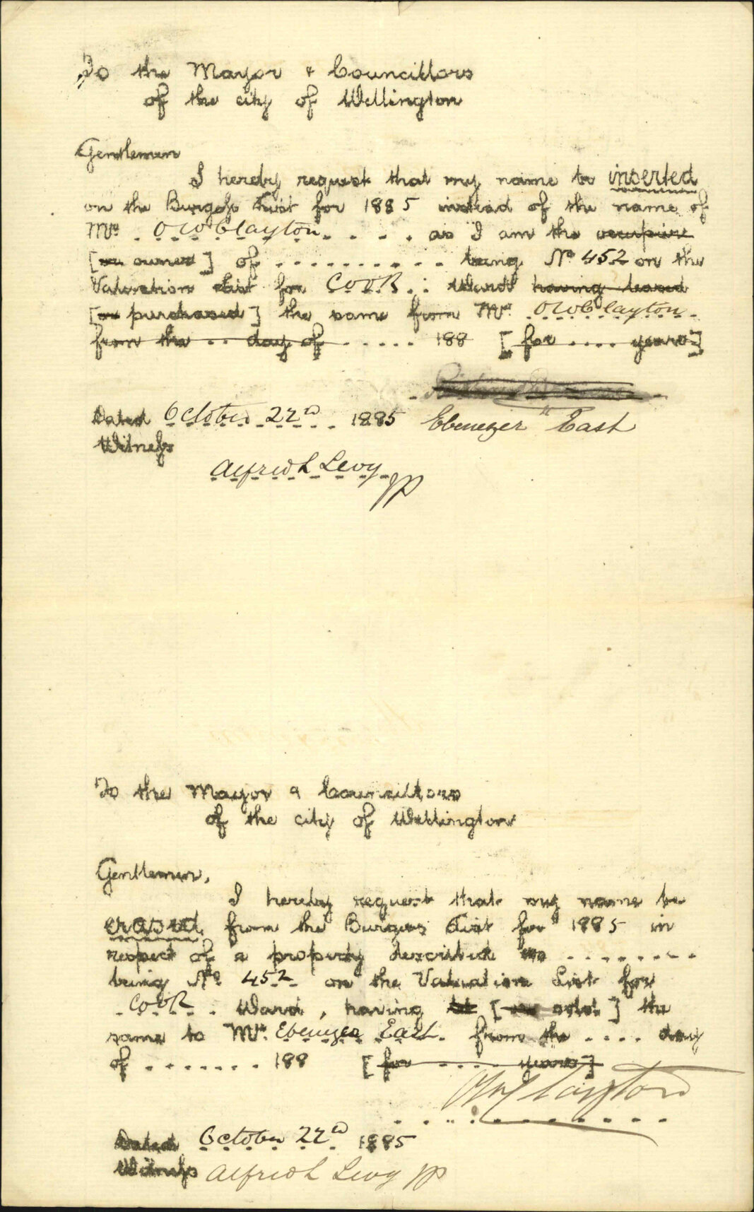 Application to be placed on burgess roll - Ebenezer East