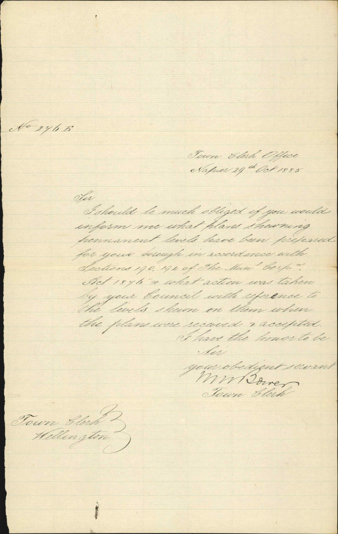 Enquiry as to permanent levels of the city - Town Clerk Napier