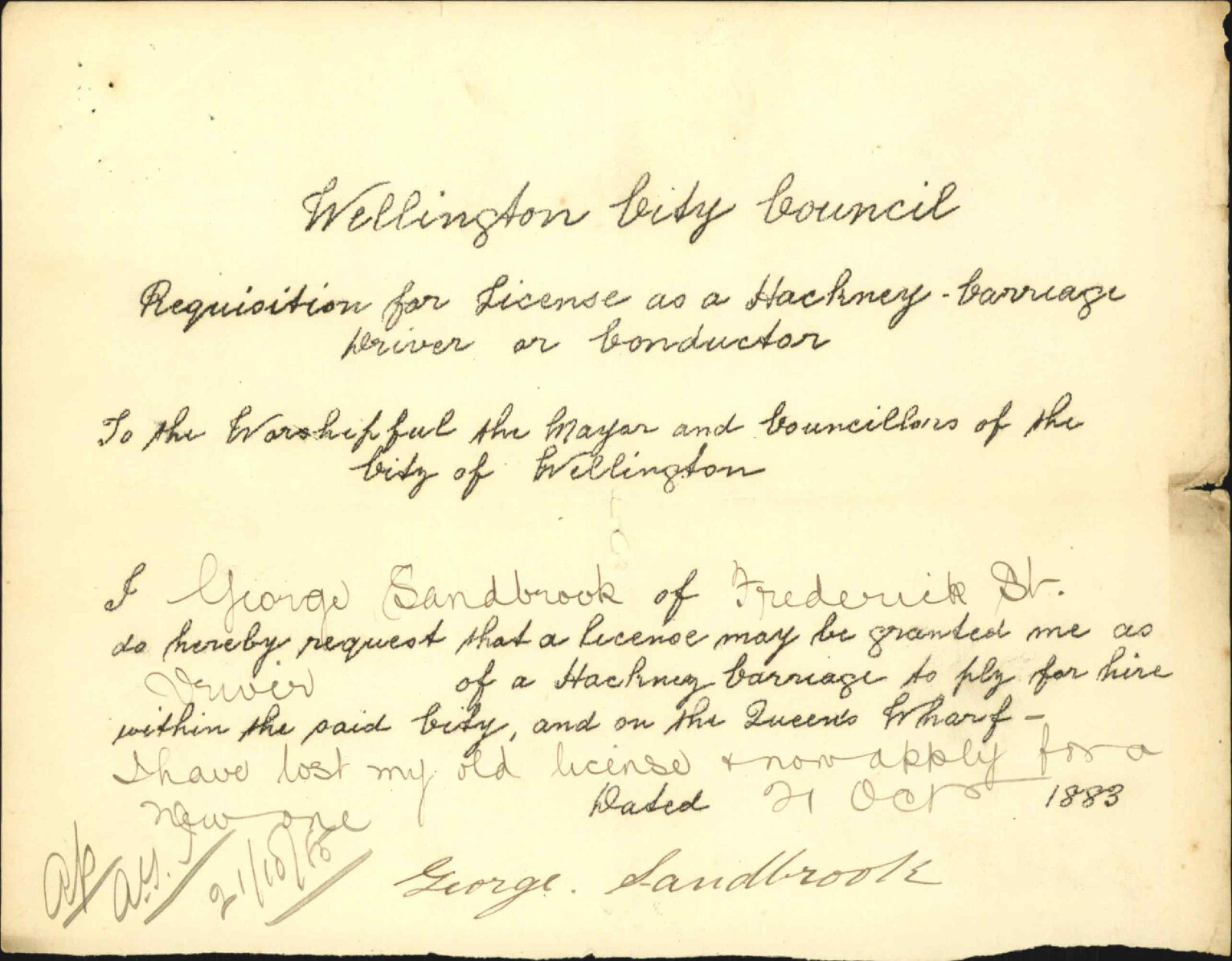 License applied for by George Sandbrook - Inspector of Hackney Carriages