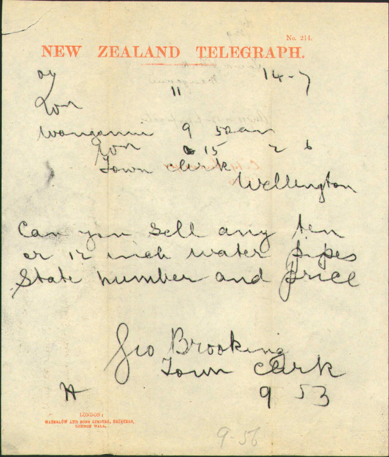 Are any 10" or 12" pipes for sale - Town Clerk Wanganui