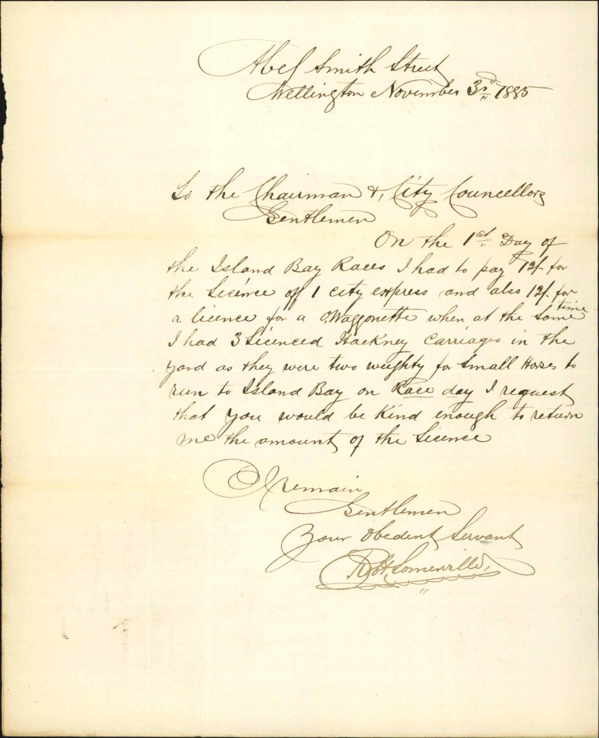 Asking for refund of express and wagonette licenses - R Somerville