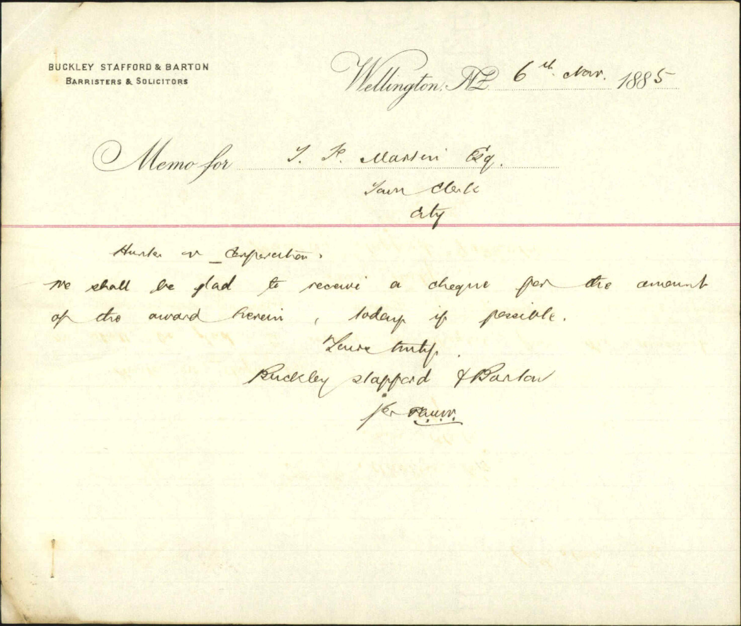 Asking for cheque, Hunter v Corporation - Buckley, Stafford and Barton