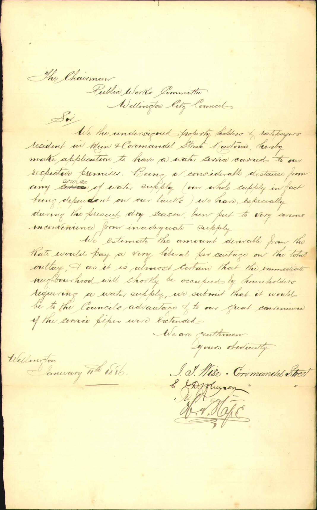 Petition regarding water service in Mein and Coromandel Streets - J J Wise and others