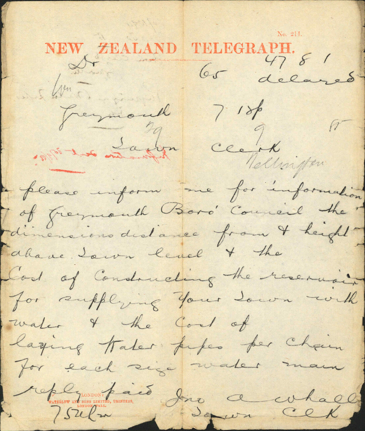 Enquiry as to water pipes etc - Town Clerk Greymouth