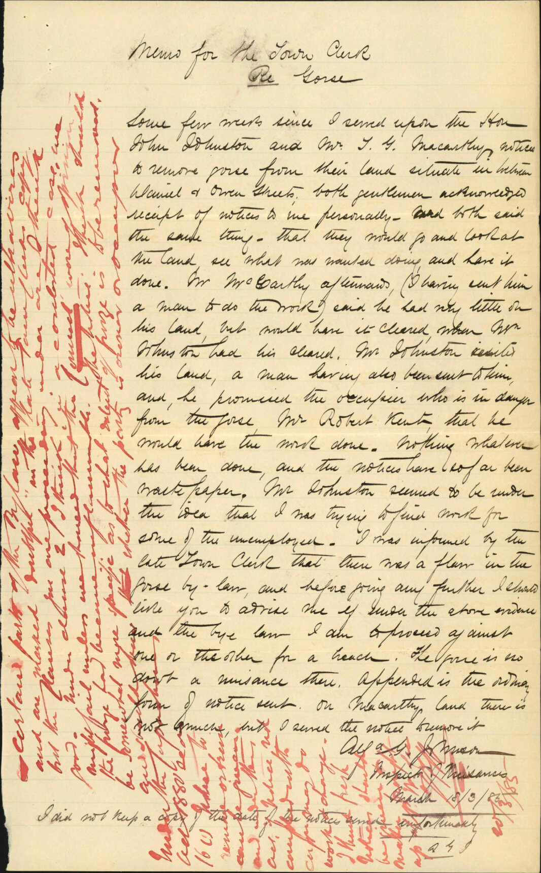 Gorse notices, J Johnston and S Macarthy - Inspector of Nuisances