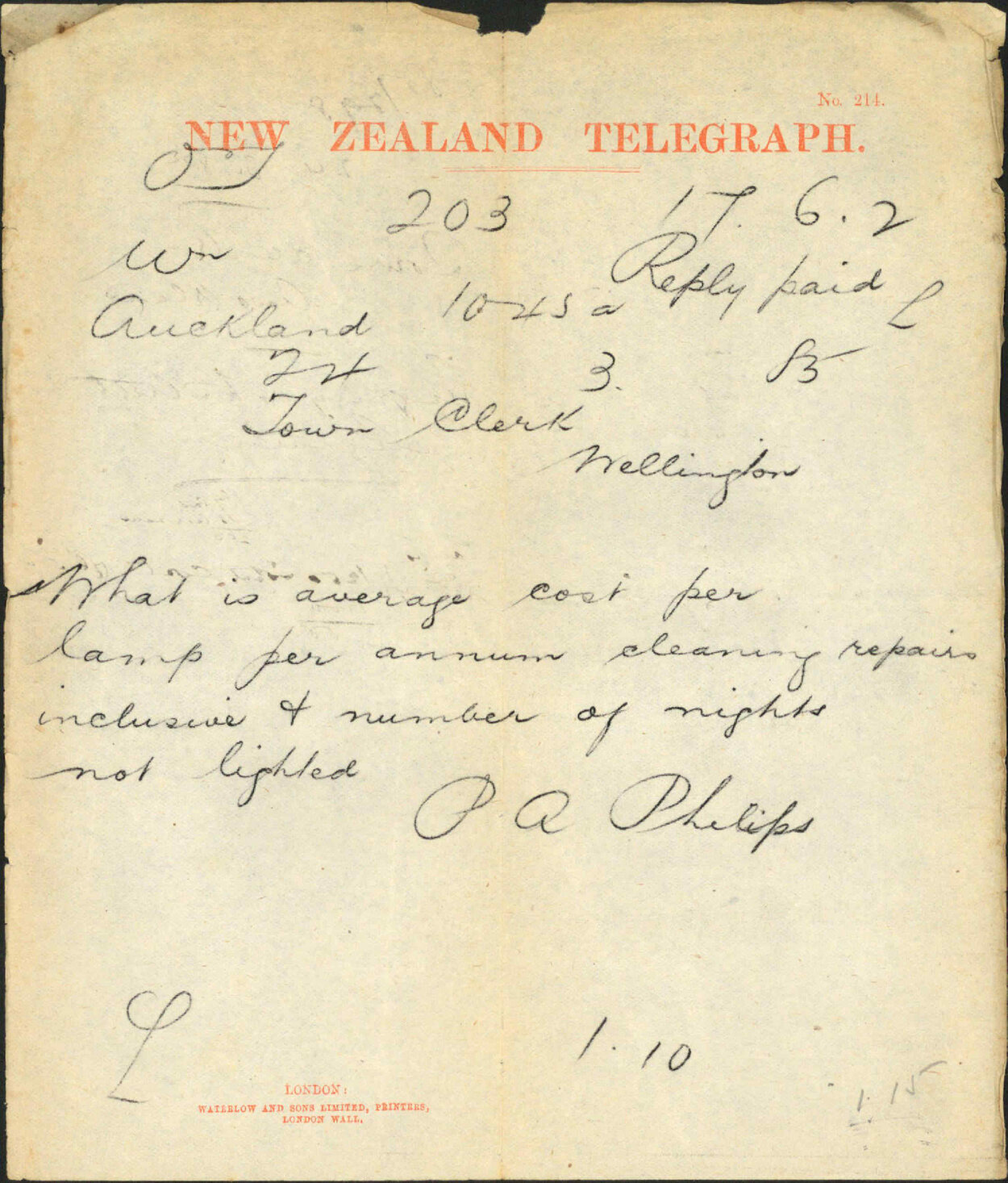 Enquiry as to street lighting - Town Clerk Auckland