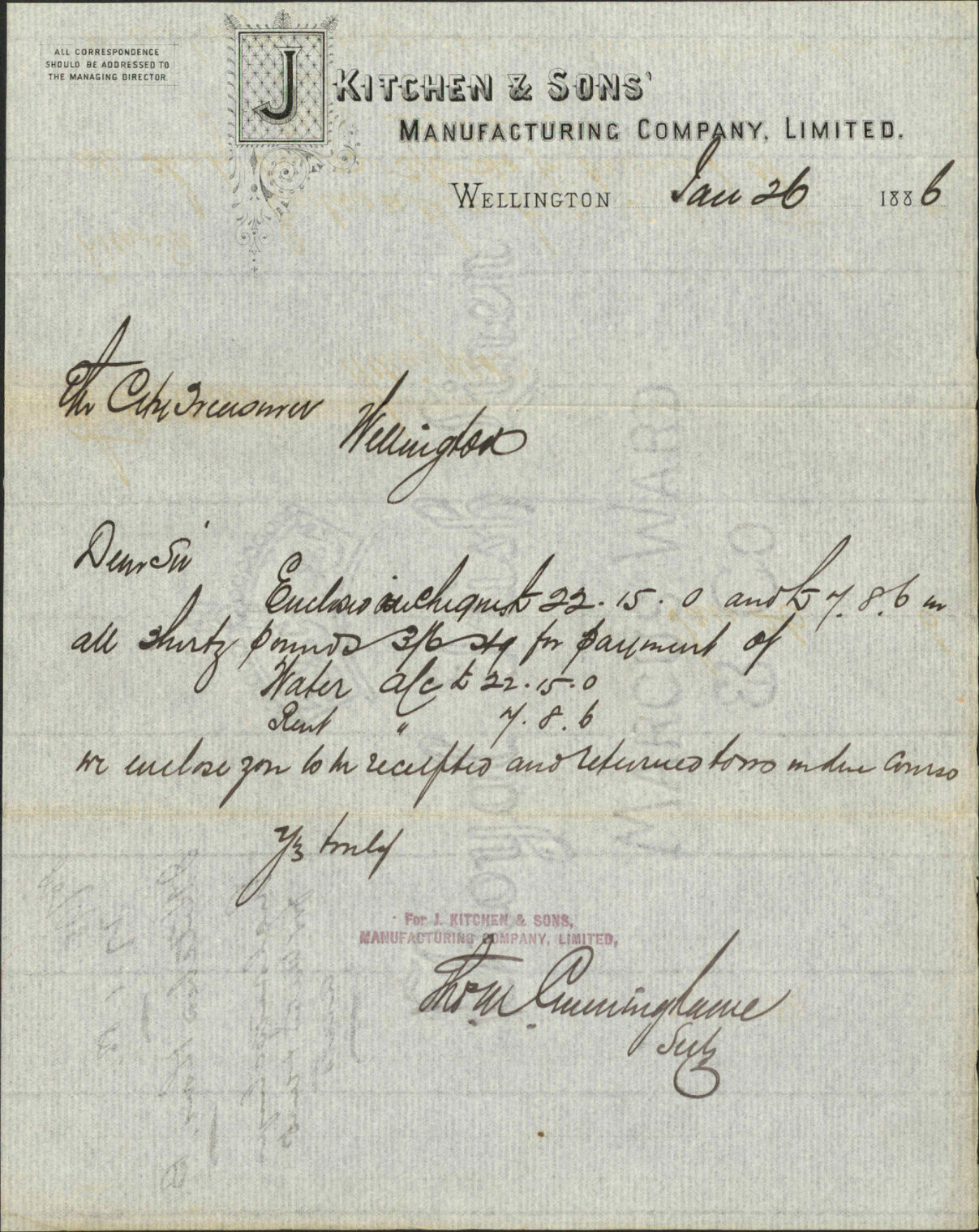 Enclosing cheque for water and rent accounts - J Kitchen and Sons Ltd