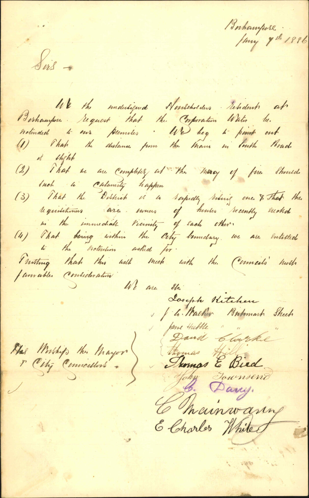 Petition for water supply near Berhampore - Joseph Kitchen and others