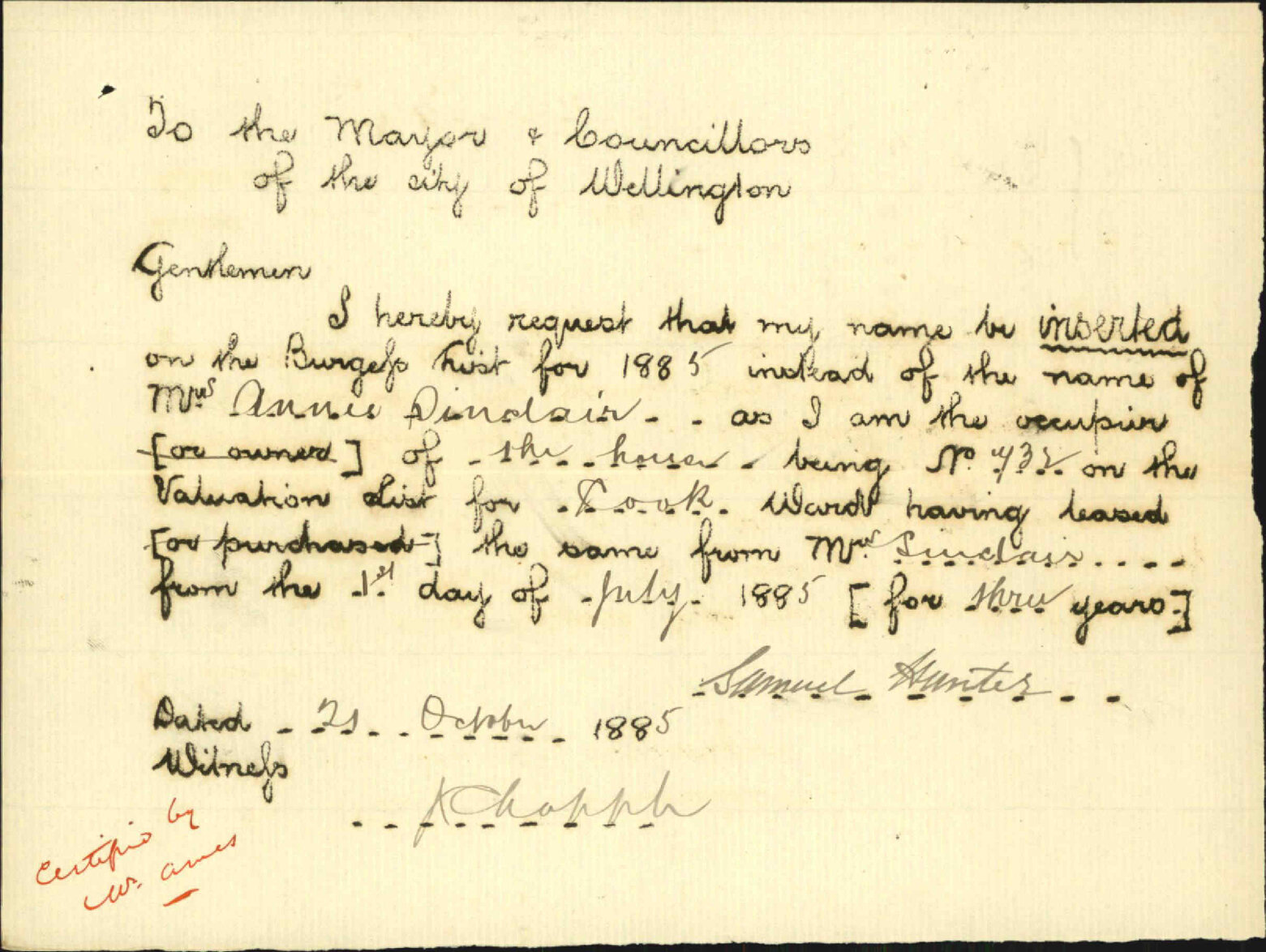 Application to be placed on Burgess Roll - Samuel Hunter