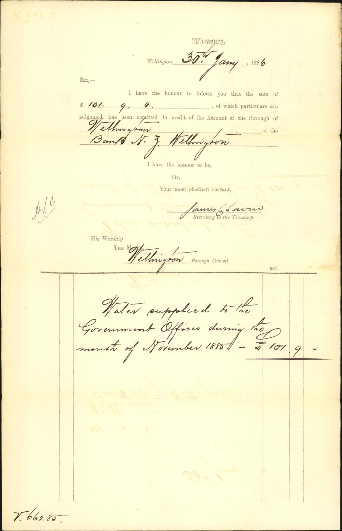 Advising payment of water account - Treasury