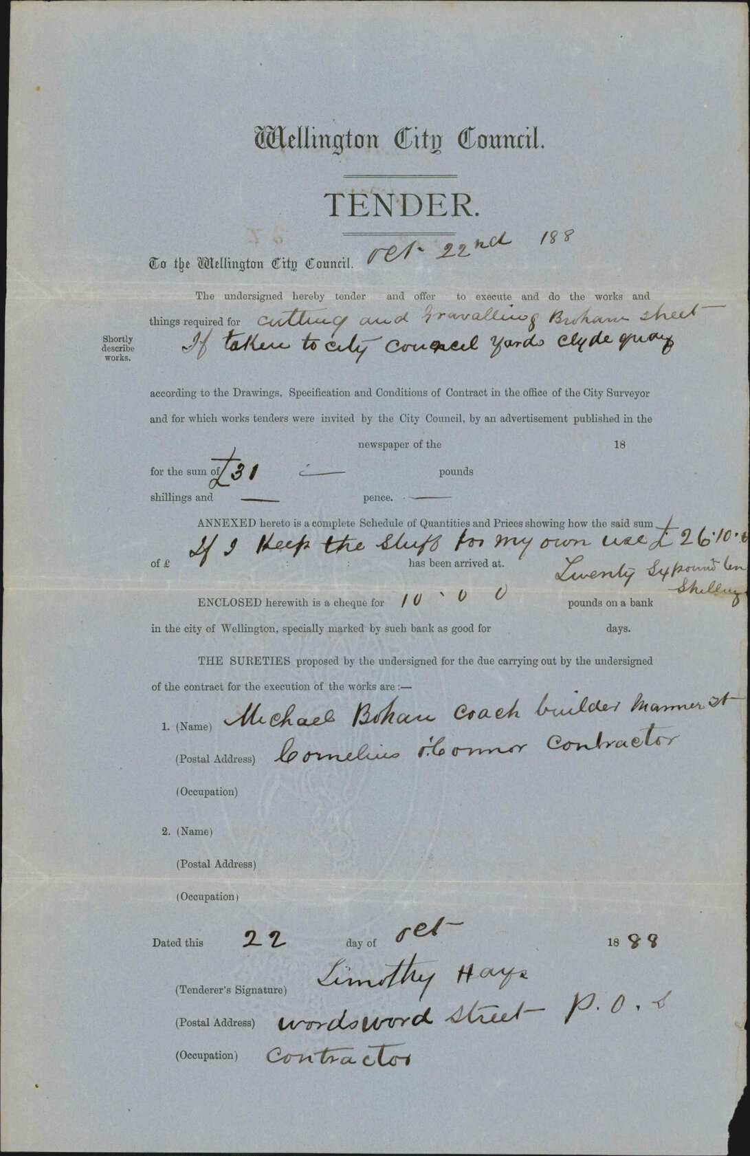Tender for cutting in Brougham Street - Timothy Hayes
