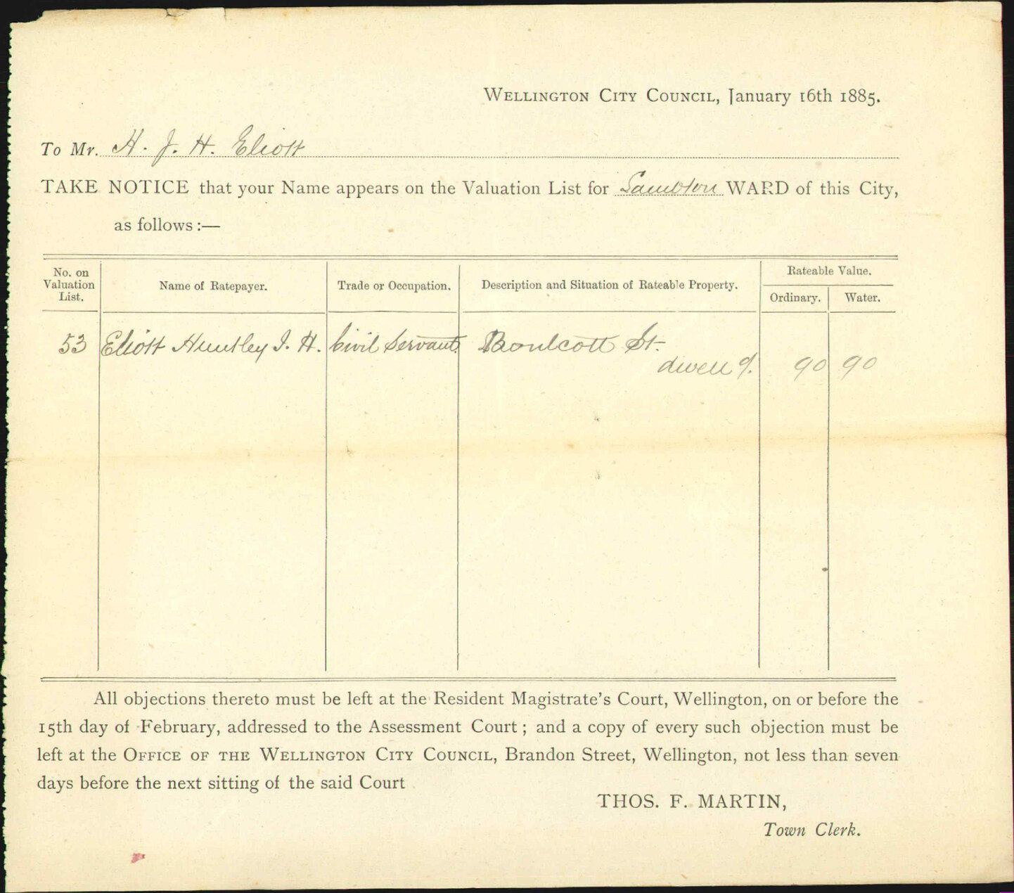 Objection to Valuation List - H J H Elliott