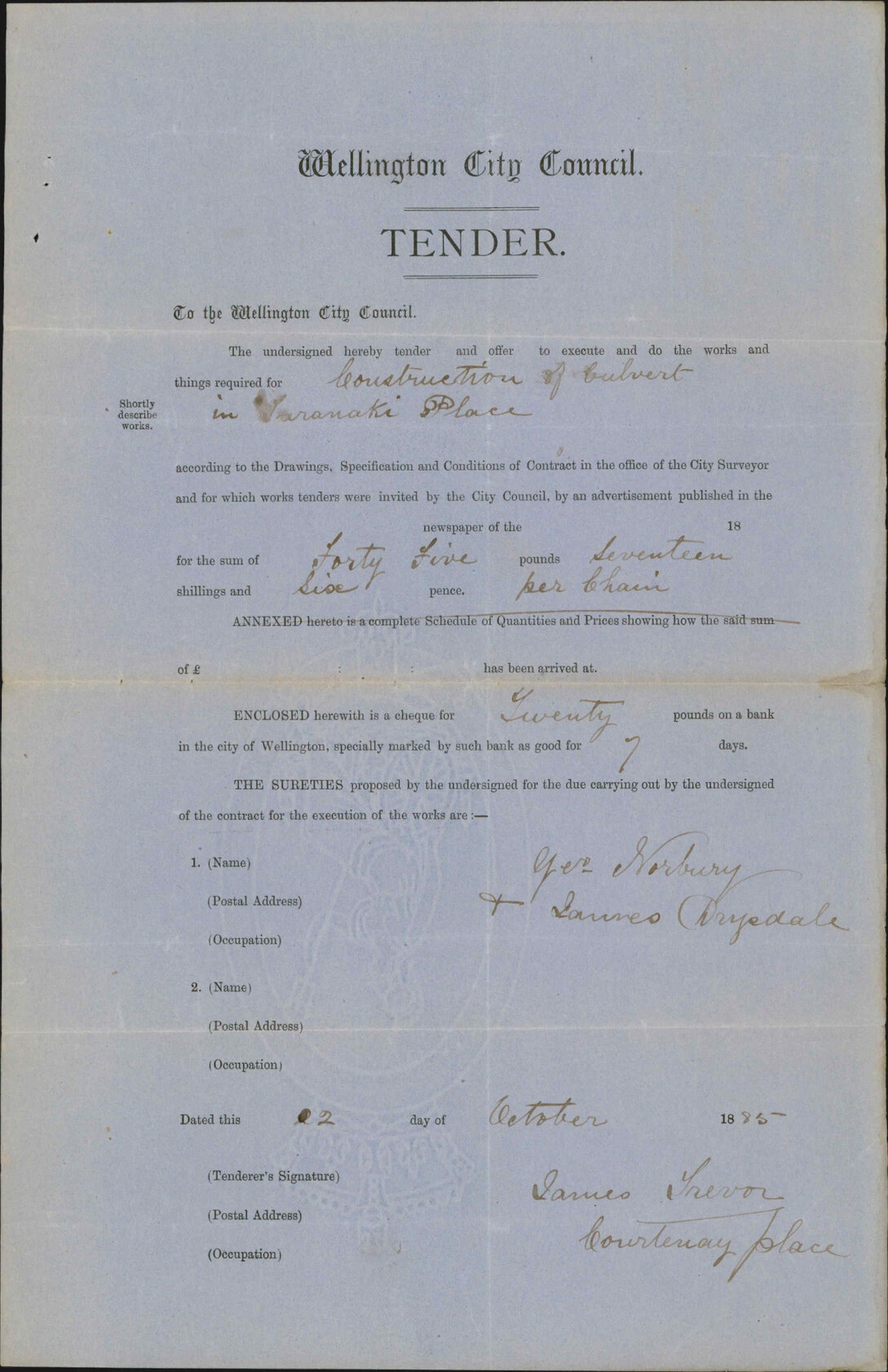 Tender for culvert in Taranaki Place - James Trevor