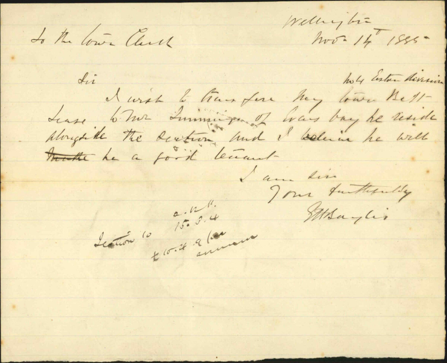 Asking to transfer lease of section 10 Town Belt to W Timmins - G H Baylis