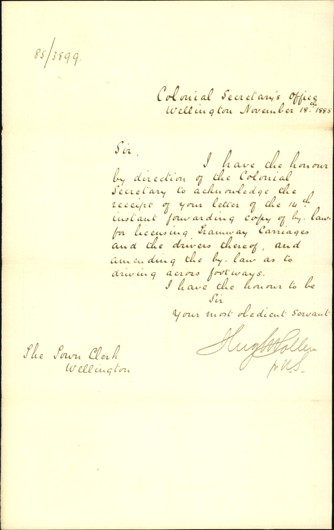 Acknowledging receipt of bylaw - Colonial Secretary