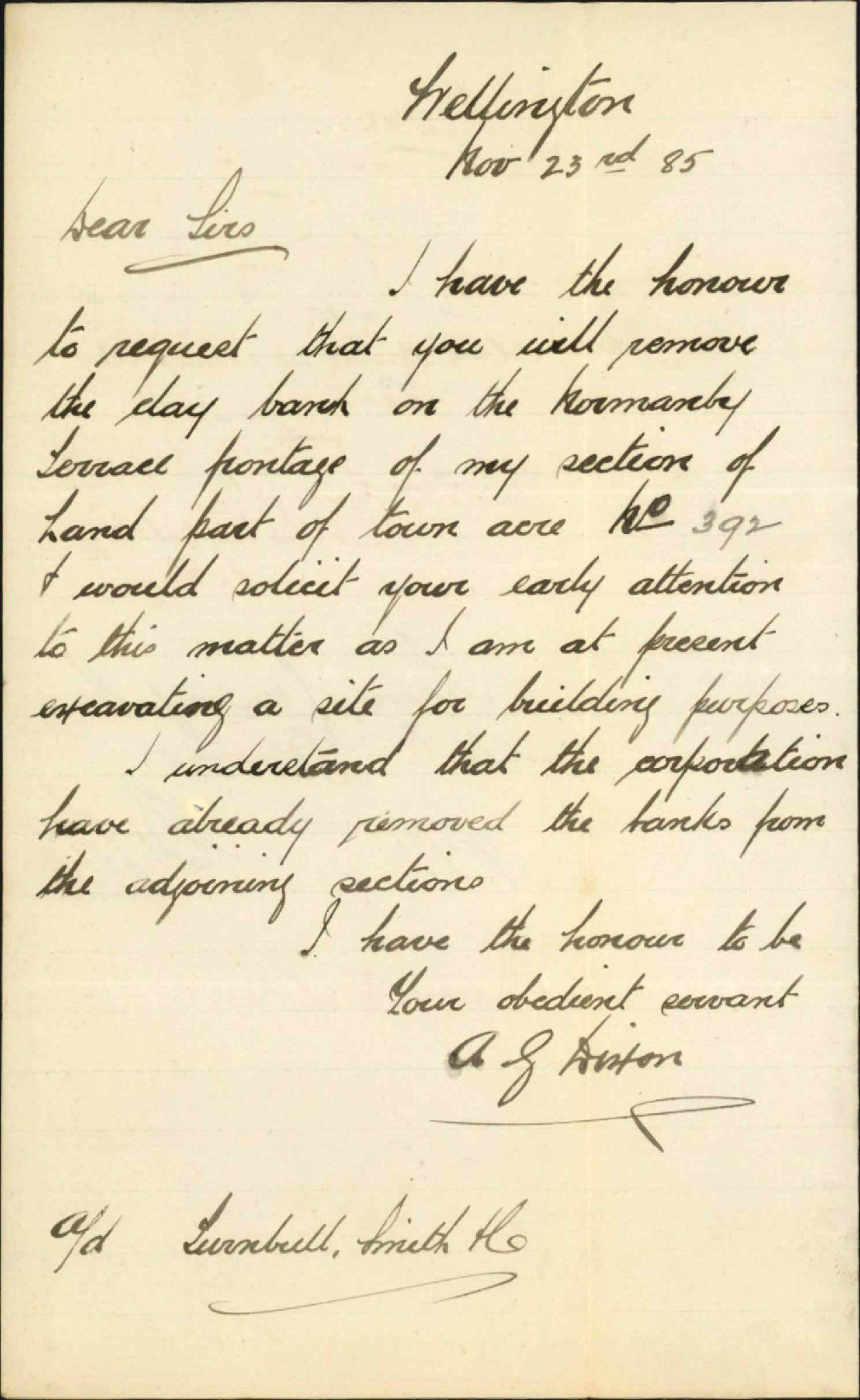 Asking for removal of clay bank at Normanby Terrace - A F Dixon