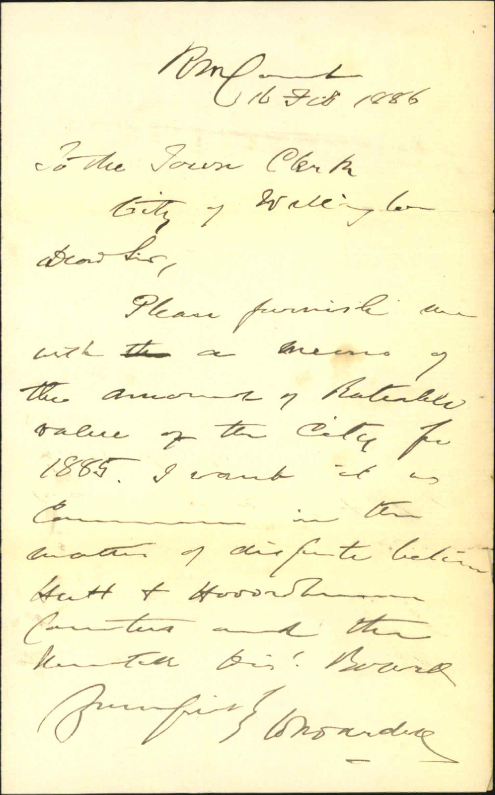 Requesting rateable value for the city for 1885 - H S Wardell, Resident Magistrate
