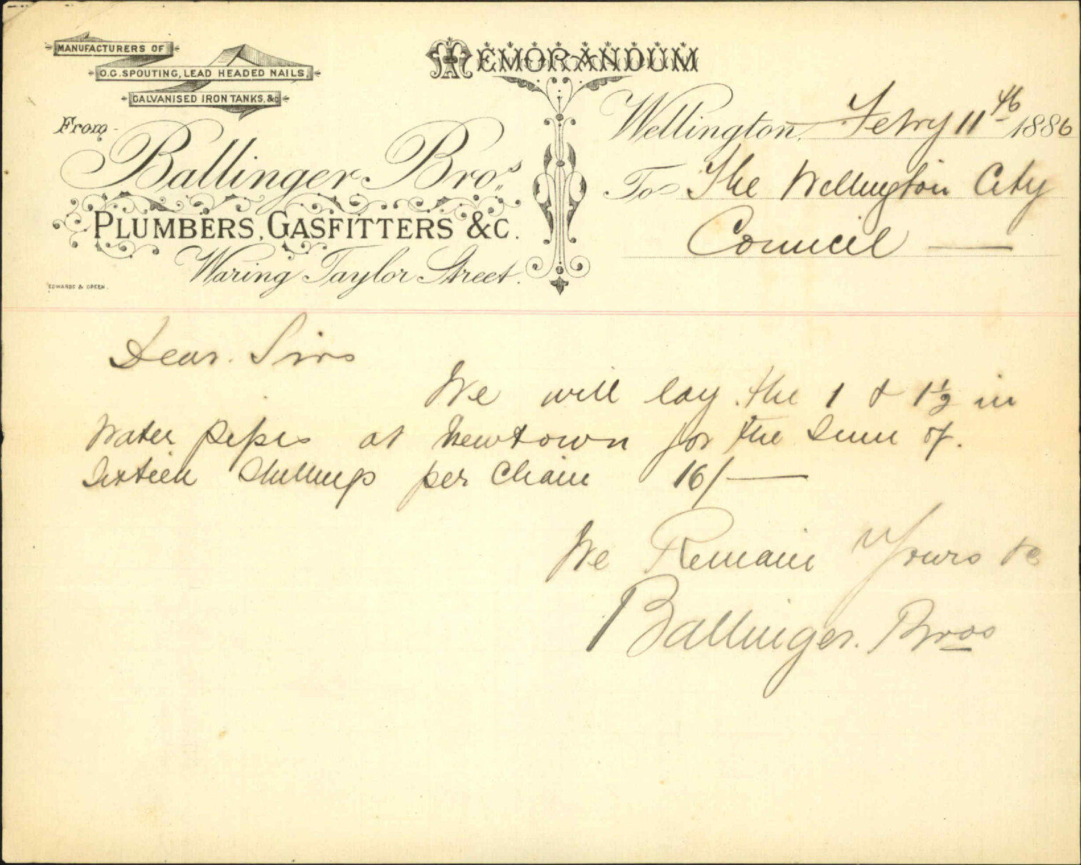 Tender for laying water mains - Ballinger Brothers