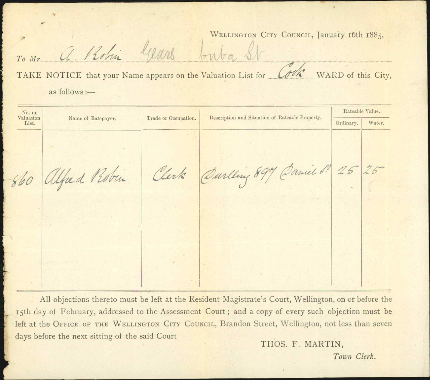 Objection to valuation list - Alfred Robin