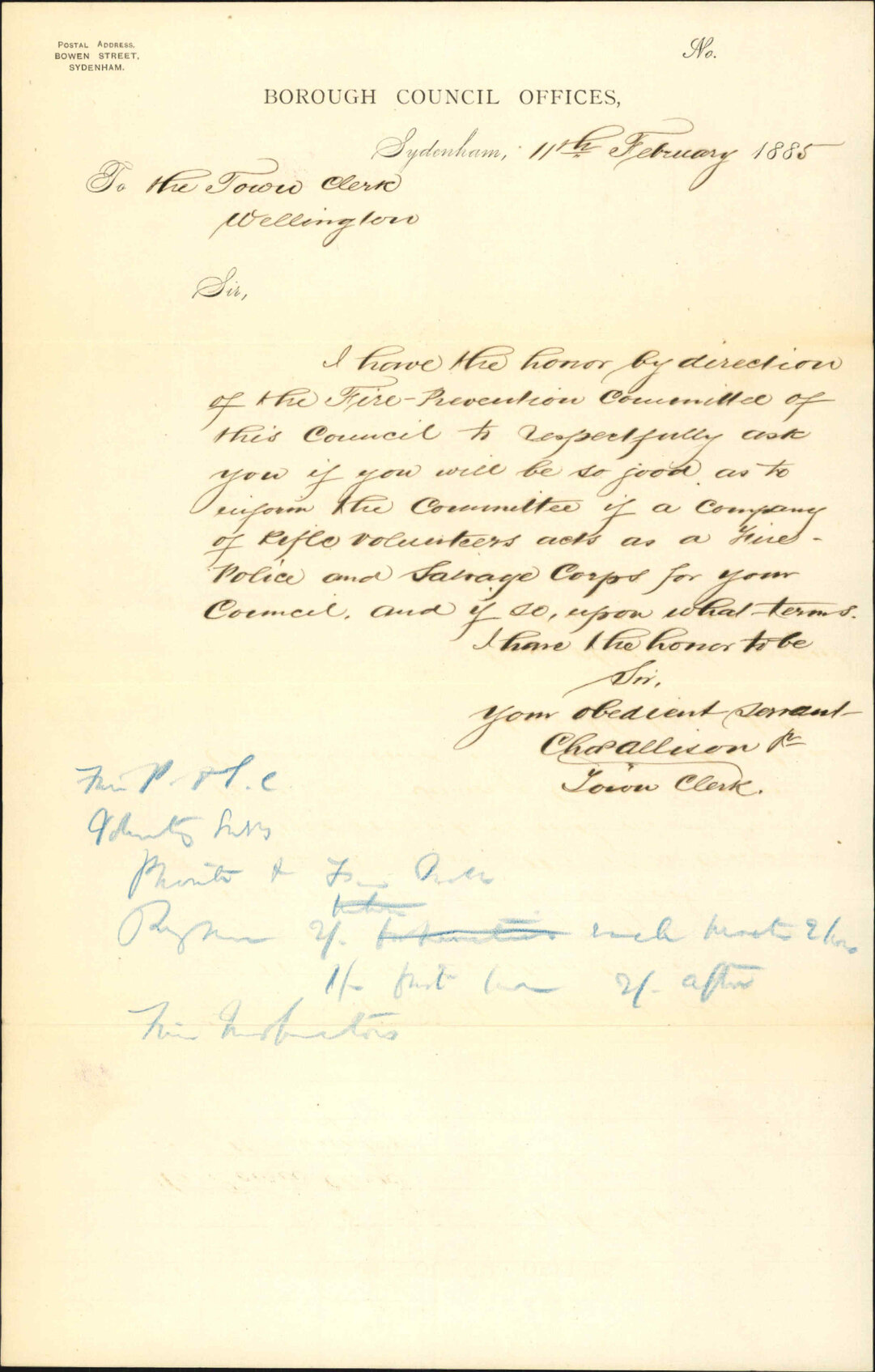 Fire Police &amp; Salvage Corps - Town Clerk Sydenham